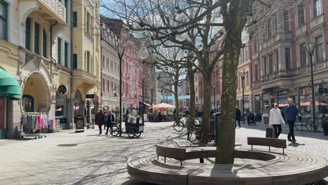 Escena-De-Gente-Caminando-Por-La-Calle-Principal-Peatonal-Sodra-Forstadsgatan-En-Malmo,-Suecia