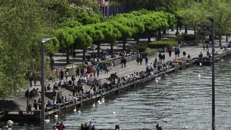 Slow-moving-reversing-shot-of-city-inhabitants-seated-on-the-lake-front-in-Zurich,-revealing-bridge-in-the-foreground