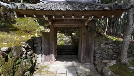 Wooden-Garden-Sheds-Through-Pathways-In-Saihōji-Temple,-Kyoto-Japan