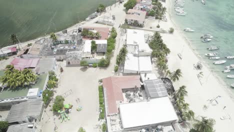 Aerial-tilt-up-view-of-Gran-Roque-airstrip-with-palm-trees-and-buildings