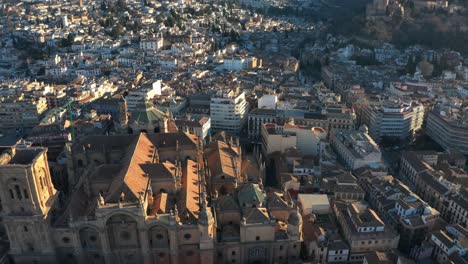 Aerial-View-Of-Granada-Cathedral-During-Golden-Hour-Sunset