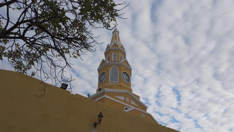 Looking-Up-At-Clock-Tower--In-Colombia