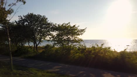 People-walking-dog-on-a-path-by-sea-near-Visby,-Gotland,-at-sunset,-viewed-from-moving-vehicle,-warm-tone