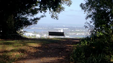 Empty-bench-sightseeing-city-of-Auckland,-background-town,-mount-Cecilia-Auckland-landscape