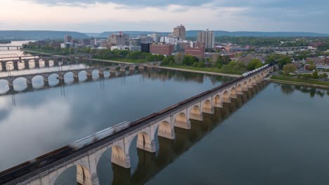 Susquehanna-River-and-Harrisburg,-Pennsylvania-aerial-hyperlapse-establishing-shot