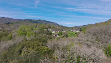 Volando-Por-Encima-De-Los-árboles-Con-Vistas-Al-Pueblo-Cruzul-En-Becerrea,-Lugo,-España