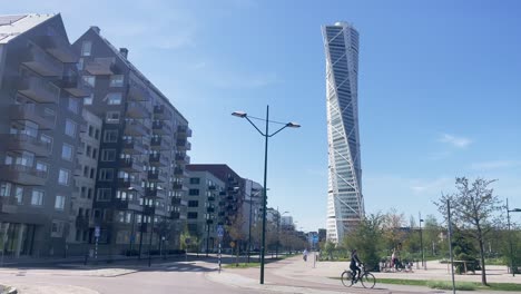 Famous-Turning-Torso-Skyscraper-in-Malmo,-Sweden-under-Blue-Sky-in-Spring