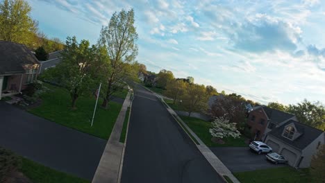 Einfamilienhäuser-In-Amerikanischer-Nachbarschaft-Mit-Kirschbäumen-Während-Des-Goldenen-Sonnenuntergangs,-Usa