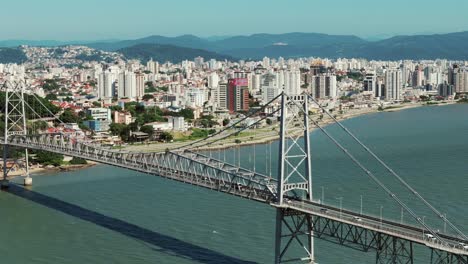A-close-up-view-captures-one-of-the-towering-pylons-of-the-famous-Hercilio-Luz-Suspension-Bridge,-connecting-Florianopolis-from-the-mainland-to-the-island