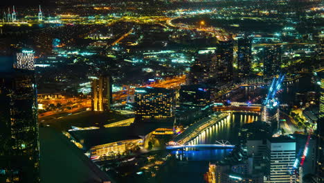 Timelapse,-Melbourne-Australia-Downtown-District-at-Night,-Flashy-Colors,-Buildings-and-Street-Traffic