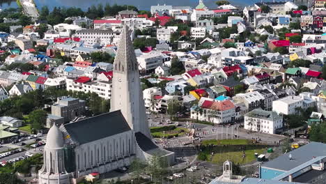 Aerial-View,-Hallgrimskirkja-Church-and-Downtown-Reykjavik,-Iceland-on-Sunny-Day