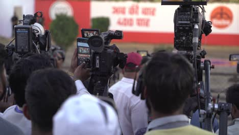 Video-journalists,-press,-and-media-during-the-Indian-Lok-Sabka-Election-Campaign-by-Indian-Prime-Minister-Narendra-Modi-BJP-at-Race-Course,-Pune,-Maharashtra