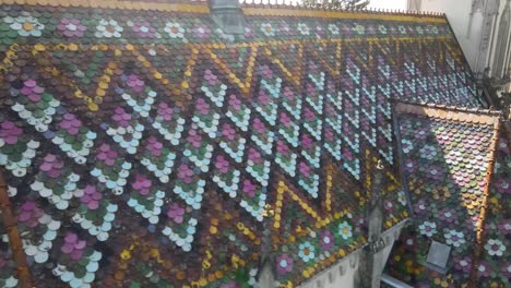 Aerial-Close-up-Shot-of-Colorful-Roof-of-Saint-Anna-Temple-in-Tompa,-Hungary