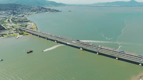 Aerial-view-of-the-Colombo-Salles-and-Pedro-Ivo-bridges-in-Florianópolis,-Santa-Catarina,-Brazil