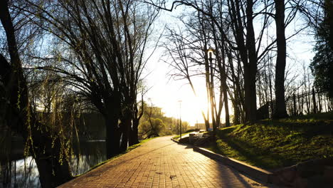 POV-Spaziergang-Auf-Dem-Pfad-Am-See-Während-Des-Goldenen-Sonnenuntergangs-In-Der-Natur