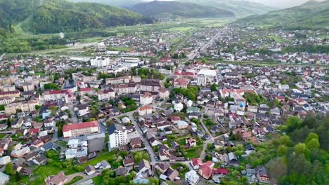 Drone-aerial-view-of-Gura-Humorului-city-center-at-sunset
