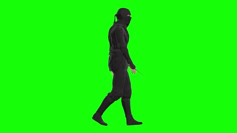 3D-ninja-shinobi-character-walking-on-green-screen-seamless-loop-3D-animation,-side-view