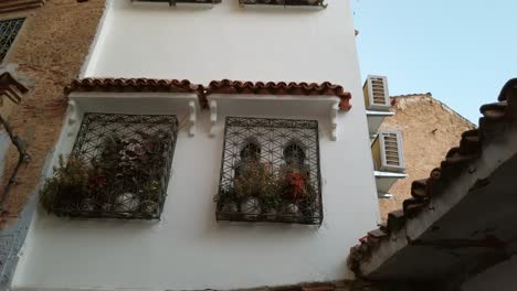 Traditional-house-facade-and-entrance-door-from-Chefchaouen,-Morocco,-with-lush-plant-decorated-windows-and-white-to-blue-painted-walls