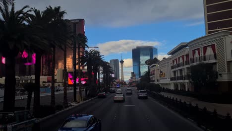 Twilight-Traffic-on-Las-Vegas-Strip-POV,-Nevada-USA