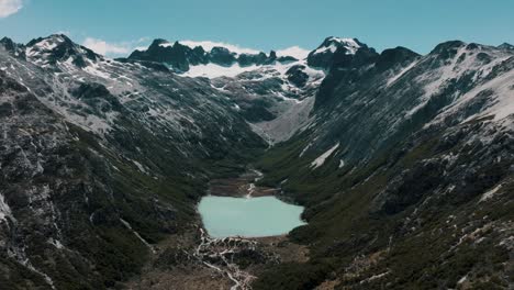 Scenic-Emerald-Lake-In-Ushuaia,-Tierra-del-Fuego,-Patagonia-Argentina---Drone-Shot