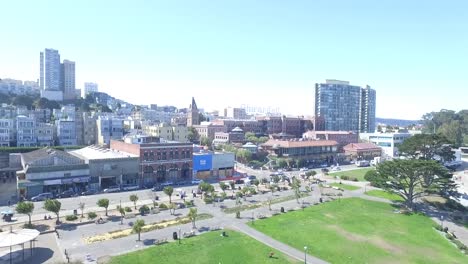 Drone-Aerial-Shot-of-San-Francisco-Fisherman's-Wharf-and-City