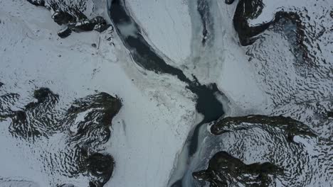 Islandia-Rocas-Y-Nieve-Con-Un-Río-Que-Fluye-Entre-Un-Dron-Aéreo-Tomado-De-Arriba-Hacia-Abajo-Avanzando