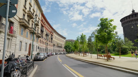 Scenic-view-of-Milan-streets-with-Sforza-Castle-in-sight