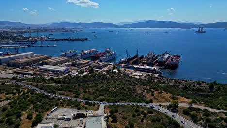 Marina-Cargo-Industrial-port-in-Corinth-Greece-aerial-drone-view-ship-sea-port