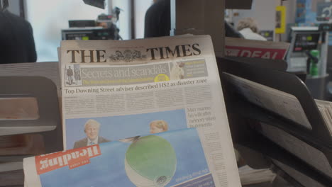 The-Times-newspaper-displayed-on-a-supermarket-stand-with-a-front-page-article-on-the-HS2-rail-line,-in-Banstead-village-a-suburb-in-Greater-London