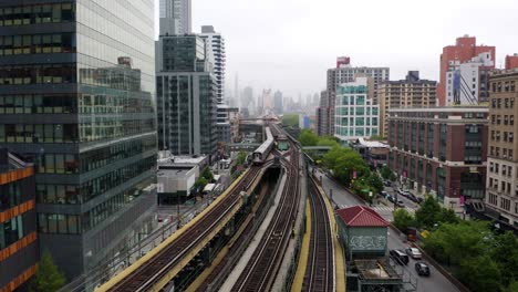 NYC-Subway-Train-on-Foggy-Day,-New-York-City