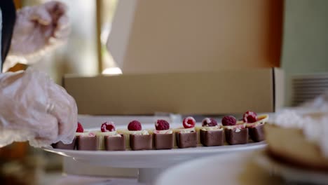 Plastic-glove-hand-places-chocolate-treats-on-plate,-pull-out-close-up