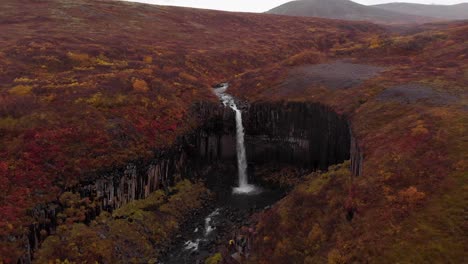 4k-Luftaufnahme-Des-Isländischen-Wasserfalls-Svartifoss-Im-Skaftafell-Nationalpark,-Island,-Europa,-Drohne-Fliegt-Rückwärts-Und-Schwenkt-Nach-Oben,-Einspielung