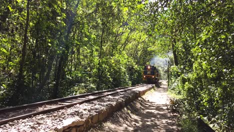 Video-En-Cámara-Lenta-En-Fullhd-Con-El-Tren-Ferroviario-De-Expedición-Peru-Yendo-A-Machu-Picchu-En-El-Bosque-Desde-Hidroeléctrica-A-Aguas-Calientes-En-Perú,-En-Un-Día-Muy-Soleado-Y-Cálido