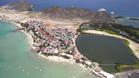 Gran-roque-with-crystal-blue-waters-and-colorful-buildings,-vibrant-island-life,-aerial-view