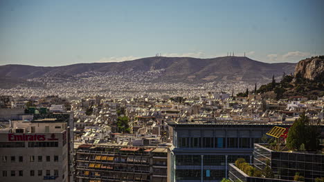 Montañas-Y-Ciudad-De-Atenas-Temprano-En-La-Mañana,-Vista-Panorámica-De-Lapso-De-Tiempo