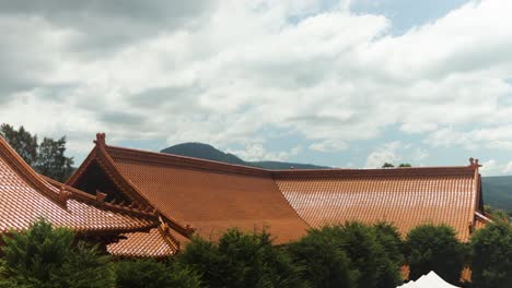 Timelapse-of-Buddist-Temple-Buildings-with-mountains-in-background