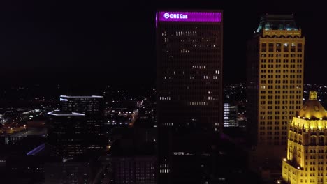 Aerial-drone-footage-of-downtown-Tulsa-at-night