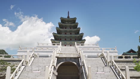 Low-angle-front-view-of-a-Gyeongbokgung-Palace-structure-in-Seoul-Korea-on-a-clear-day,-wide-shot-in-slow-motion