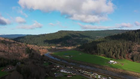 Beautiful-drone-aerial-view-of-redwood-national-forest-on-a-sunny-day