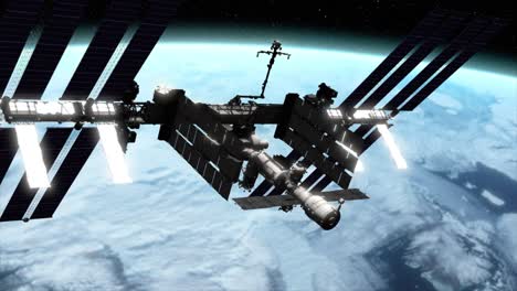 Hochdetaillierte-Fotorealistische-3D-VFX-Aufnahme-Der-Internationalen-Raumstation-In-Niedriger-Erdumlaufbahn,-Mit-Der-Erde-Weit-Unten,-Während-Die-Kamera-Langsam-Auf-Die-ISS-Zufliegt
