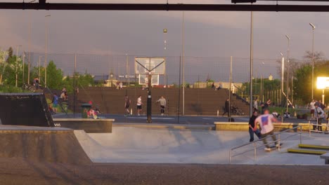 Skate-Park-in-Vilnius,-Lithuania-during-the-Golden-Hour