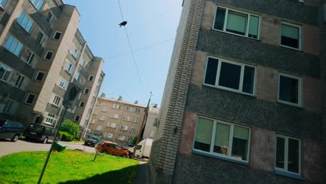 Funky-swinging-Dutch-angle-shot-of-Soviet-Union-panel-apartment-architecture