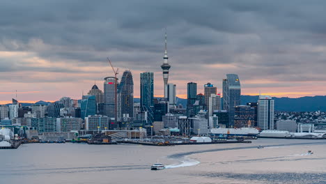 Static-day-to-night-timelapse-Auckland,-New-Zealand-skyline,-business-district