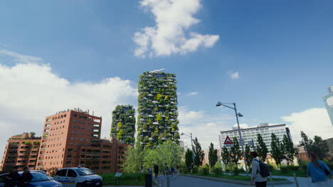 Modern-green-architecture-in-Milan,-sunny-day-with-pedestrians