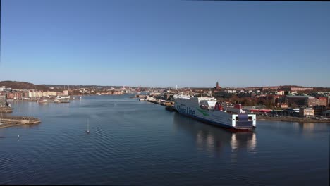 Descending-aerial-drone-shot-in-4k-showing-the-port-of-Gothenburg-and-berthed-Ferry-which-runs-between-Kiel,-Germany-and-Gotheburg,-Sweden