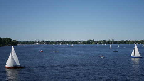 An-Einem-Sonnigen-Tag-Genießen-Die-Menschen-Auf-Der-Außenalster-In-Hamburg-Verschiedene-Wassersportarten,-Indem-Sie-Segelboote,-Ruderboote-Oder-Tretboote-Fahren.