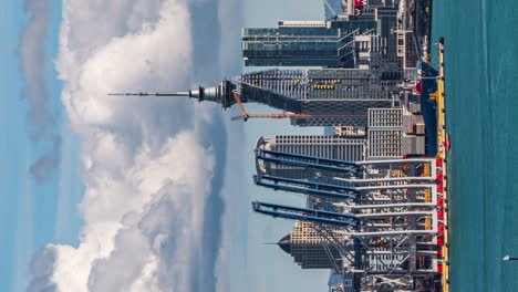 Auckland,-New-Zealand-skyline,-busy-shipping-port,-vertical-orientation-close-up