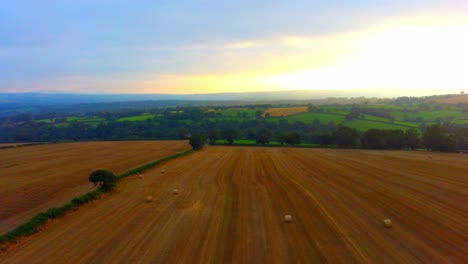 Movimiento-Hacia-Atrás-Con-Una-Hermosa-Vista-De-Un-Campo-Amarillo-Con-Fardos-De-Heno-Y-Una-Puesta-De-Sol