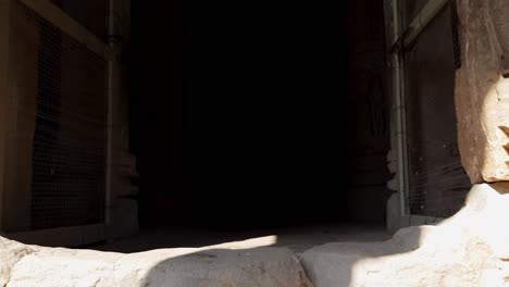 low-angle-shot-to-enter-the-Gudhamandapa,-the-shrine-hall-of-the-Modhera-Sun-Temple