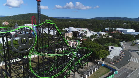 Aerial-view-of-an-empty-Lantan-rollercoaster-ride-at-Movie-World-Gold-Coast-Australia-during-the-Coronavirus-lockdown